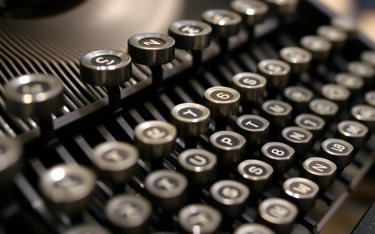 Detail of a typewriter segment showing typebars in resting position.