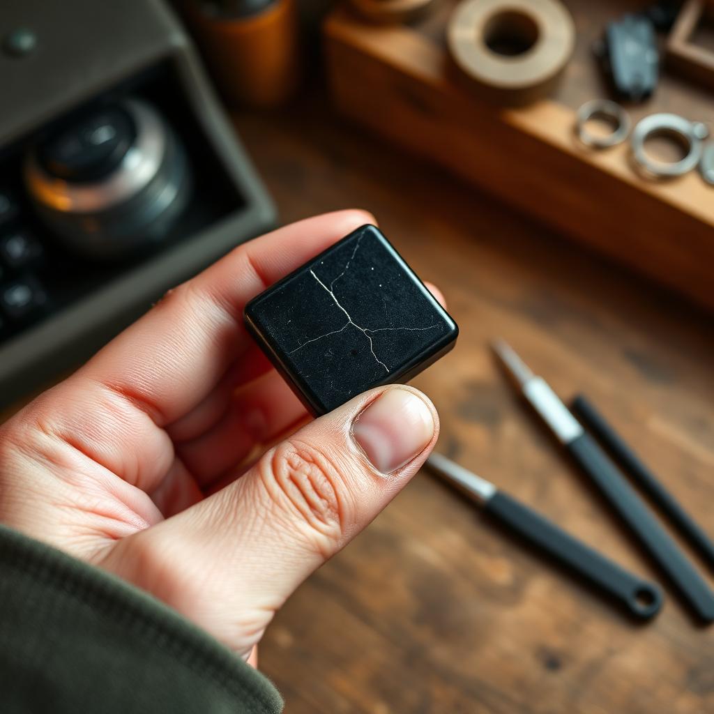 A hand holding a black Bakelite typewriter keytop with a fine hairline crack, tools nearby.