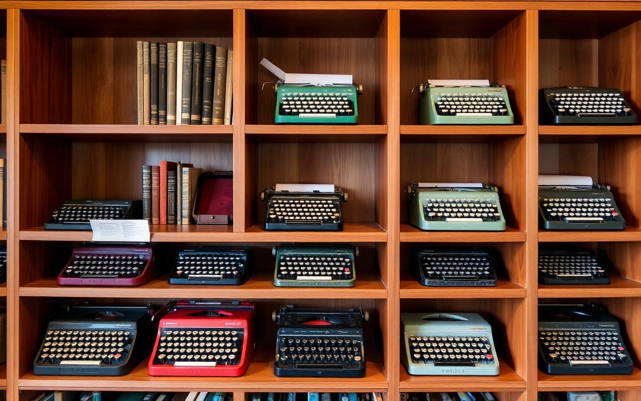 A carefully arranged shelf of vintage portable typewriters in matching cases.