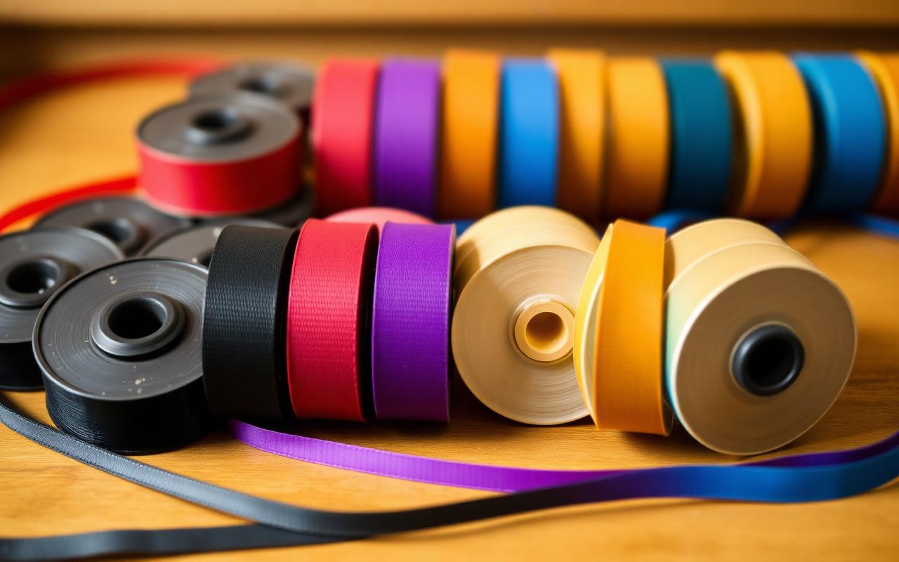 Rows of typewriter ribbon spools in different colours.