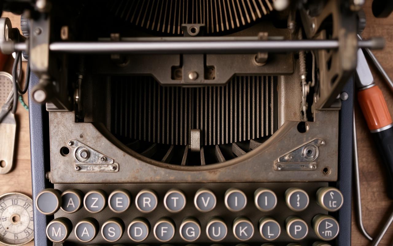 Vintage typewriter carriage viewed from above during repair.