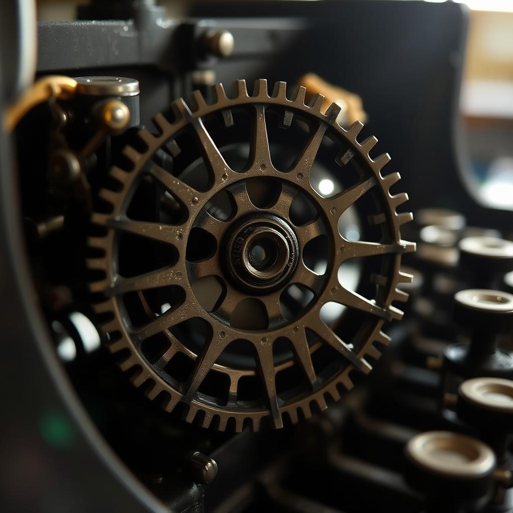 Close-up of an exposed typewriter escapement mechanism showing the star wheel and pawls.