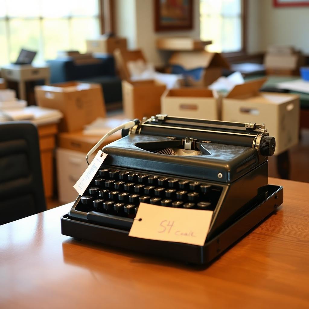 A vintage typewriter sitting on a kitchen table at a suburban estate sale.