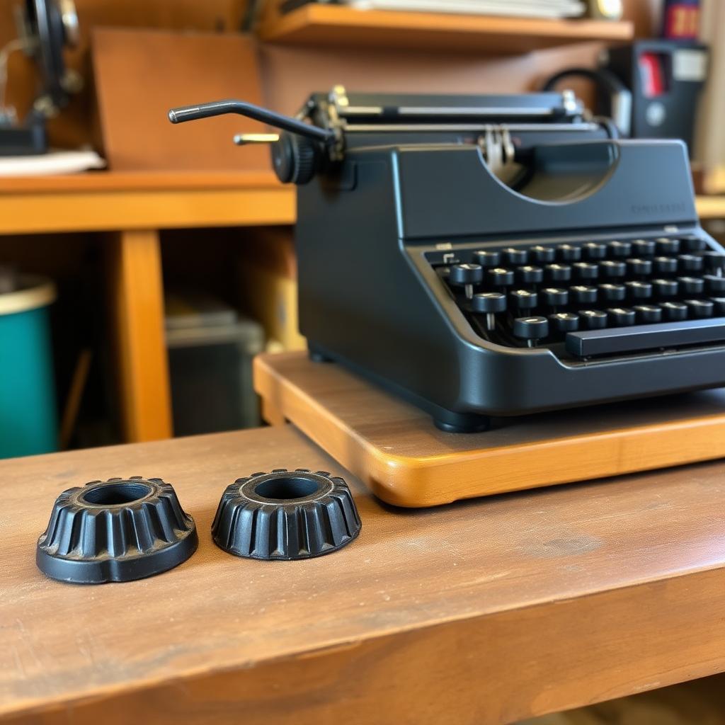 Four new black rubber typewriter feet next to a portable typewriter turned on its side.