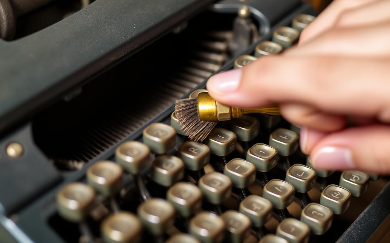 Hands cleaning the typebars of a vintage typewriter with a brush.