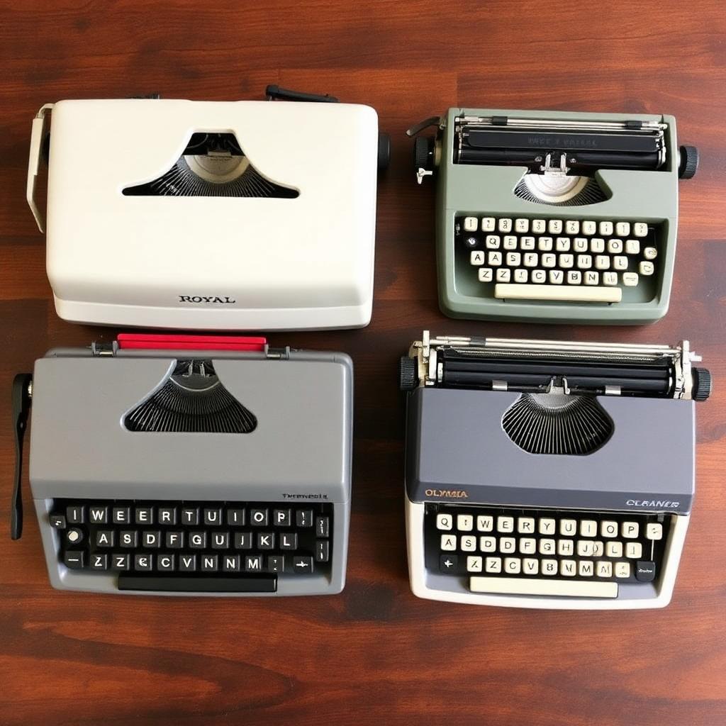 Four vintage portable typewriters arranged on a wooden table for comparison.