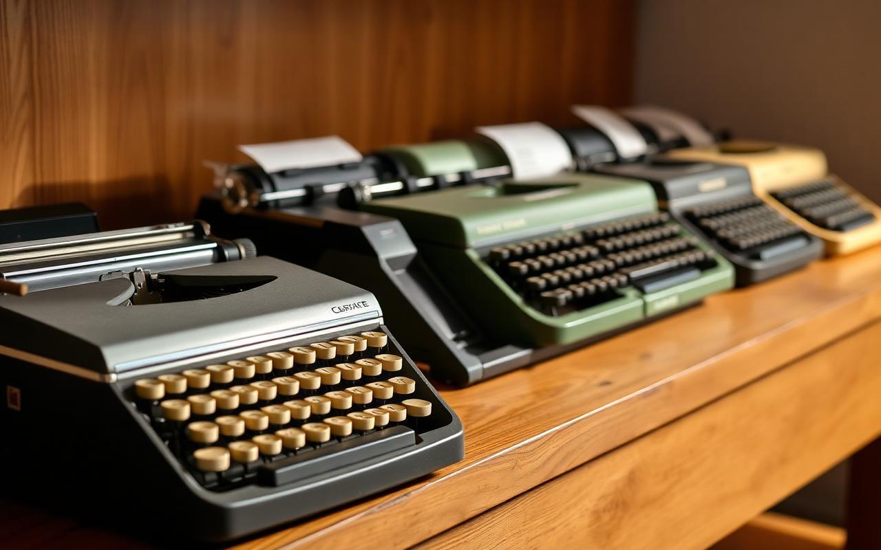 A row of budget-friendly portable vintage typewriters on a desk.
