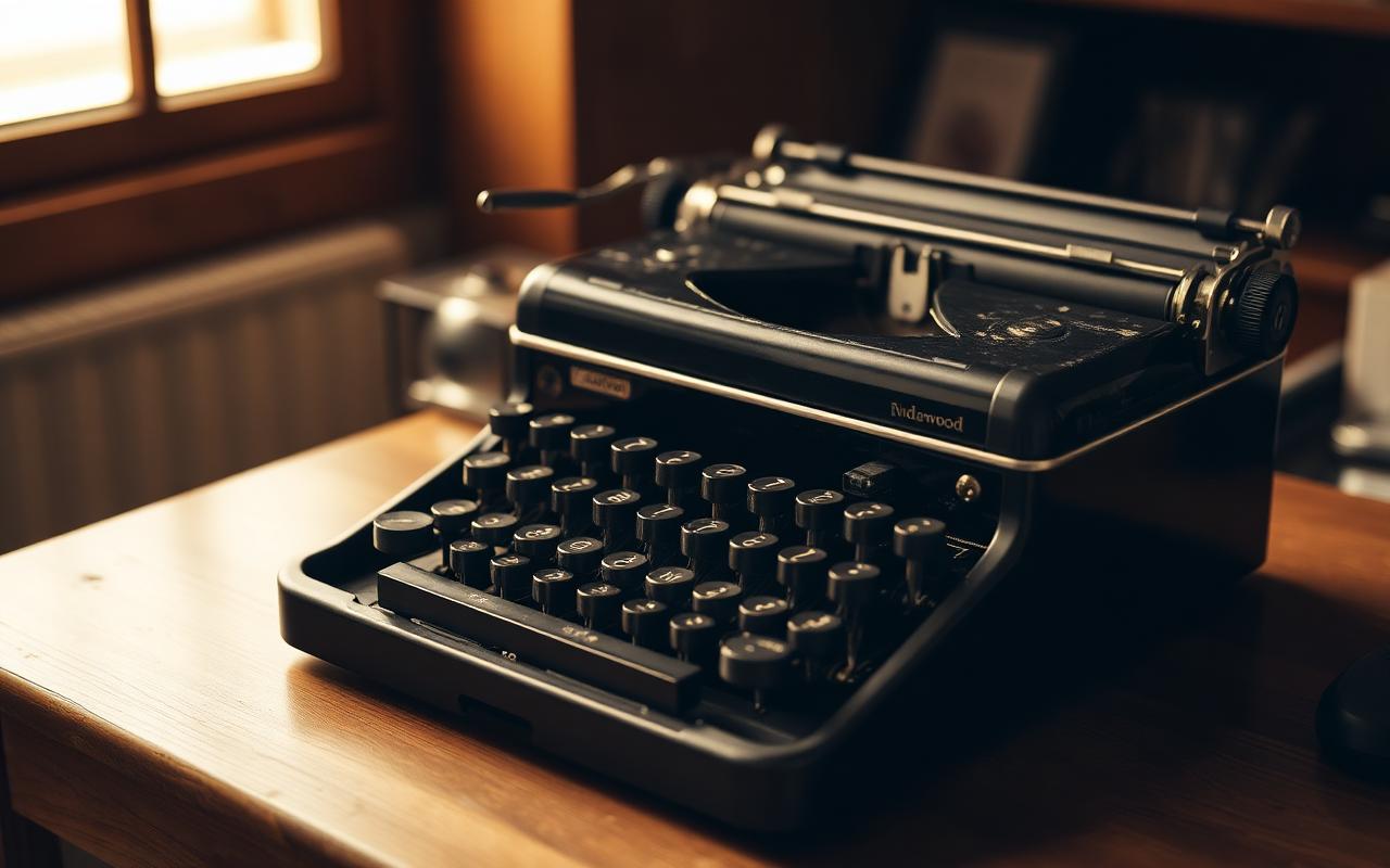 A well-preserved black Underwood standard typewriter on a wooden desk.