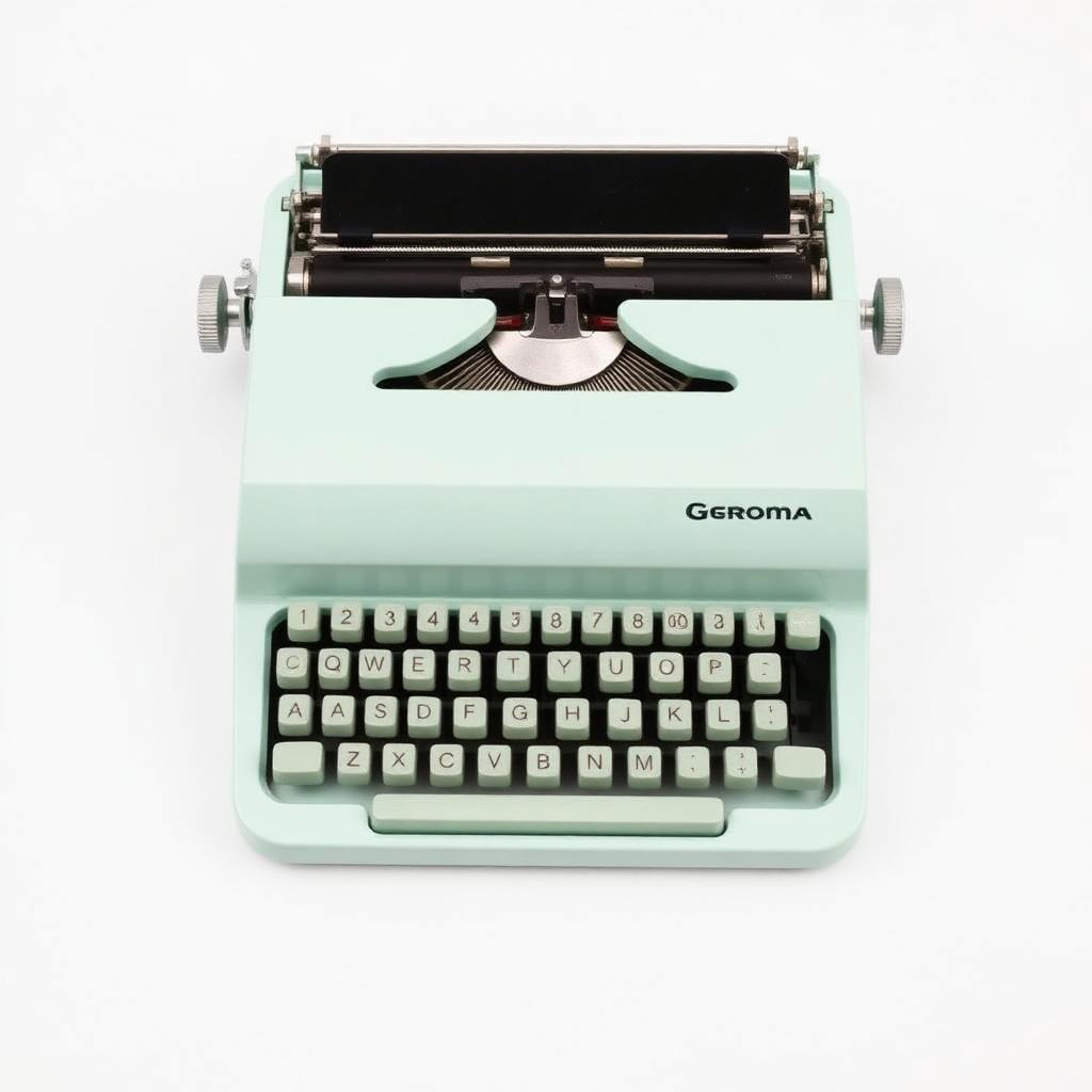 A slim mint-green Groma Kolibri ultra-flat portable typewriter photographed from above.