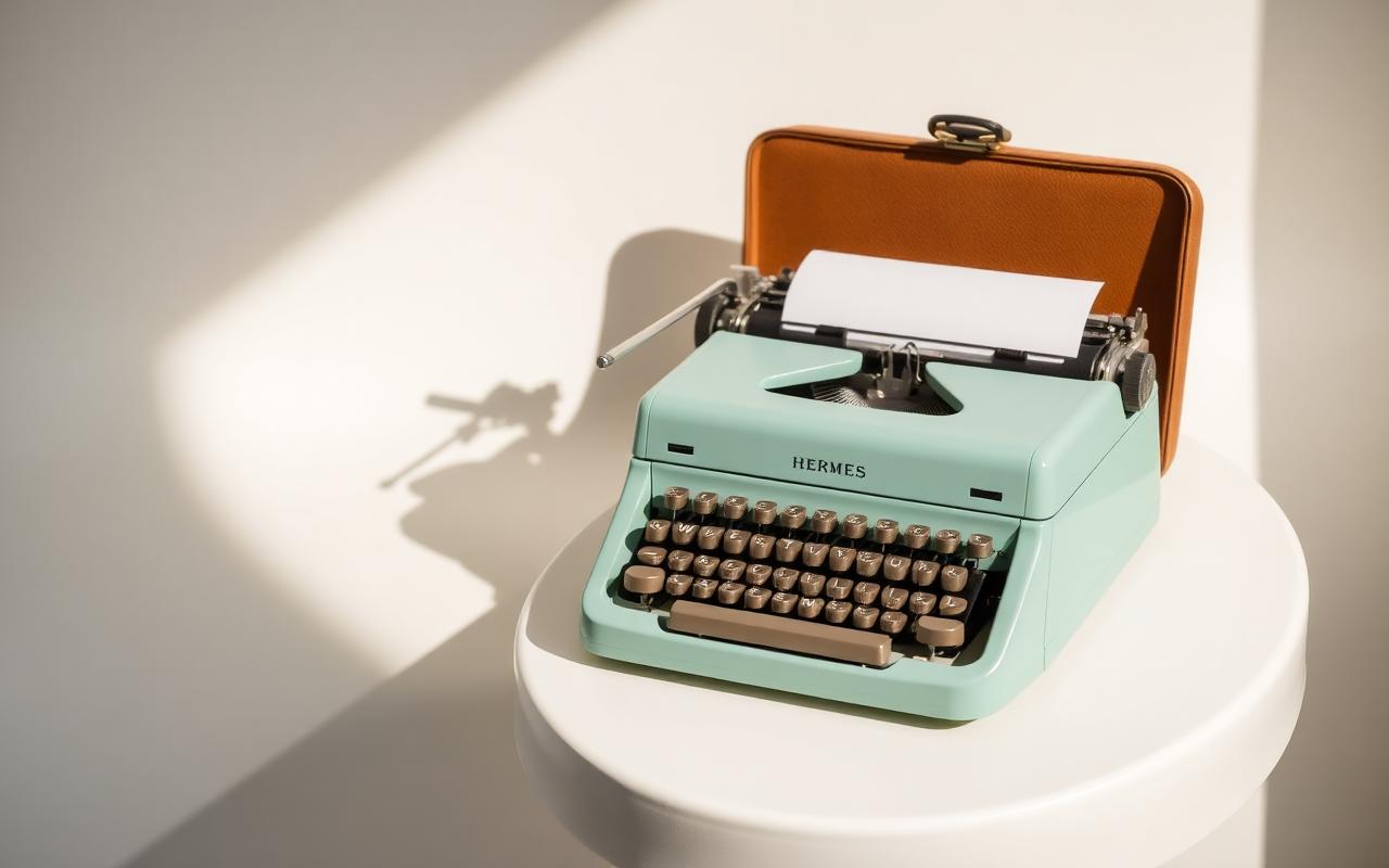 A seafoam-green Hermes 3000 portable typewriter with a leather-covered case.