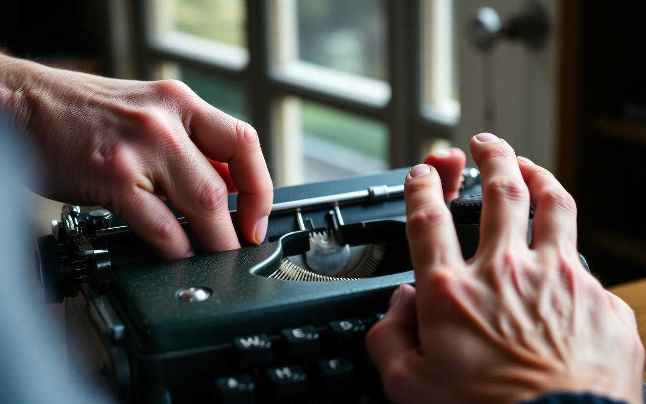 Hands inspecting a vintage typewriter carriage under natural light.