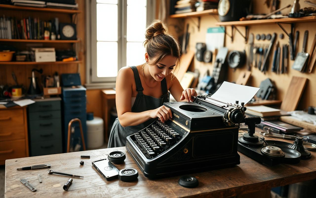 A woman working on a vintage typewriter at a wooden workbench with tools.
