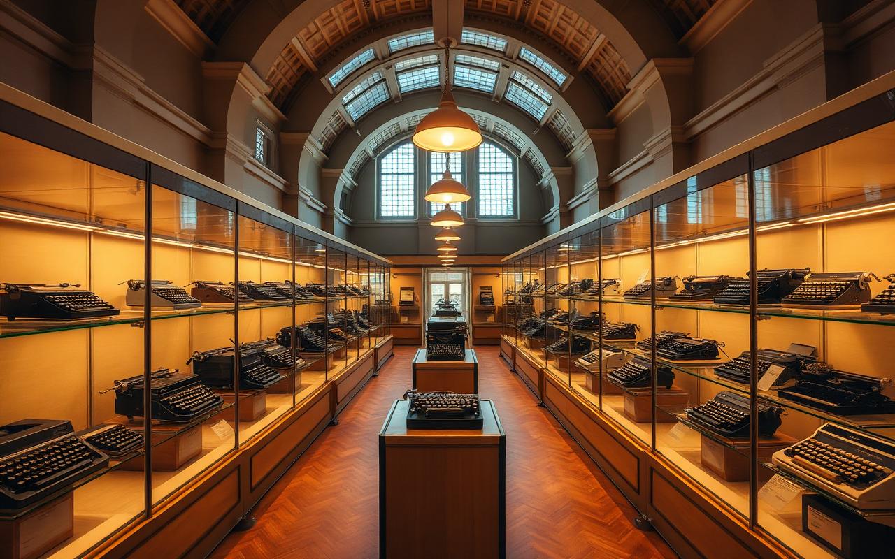 Interior of a typewriter museum with rows of glass display cases.