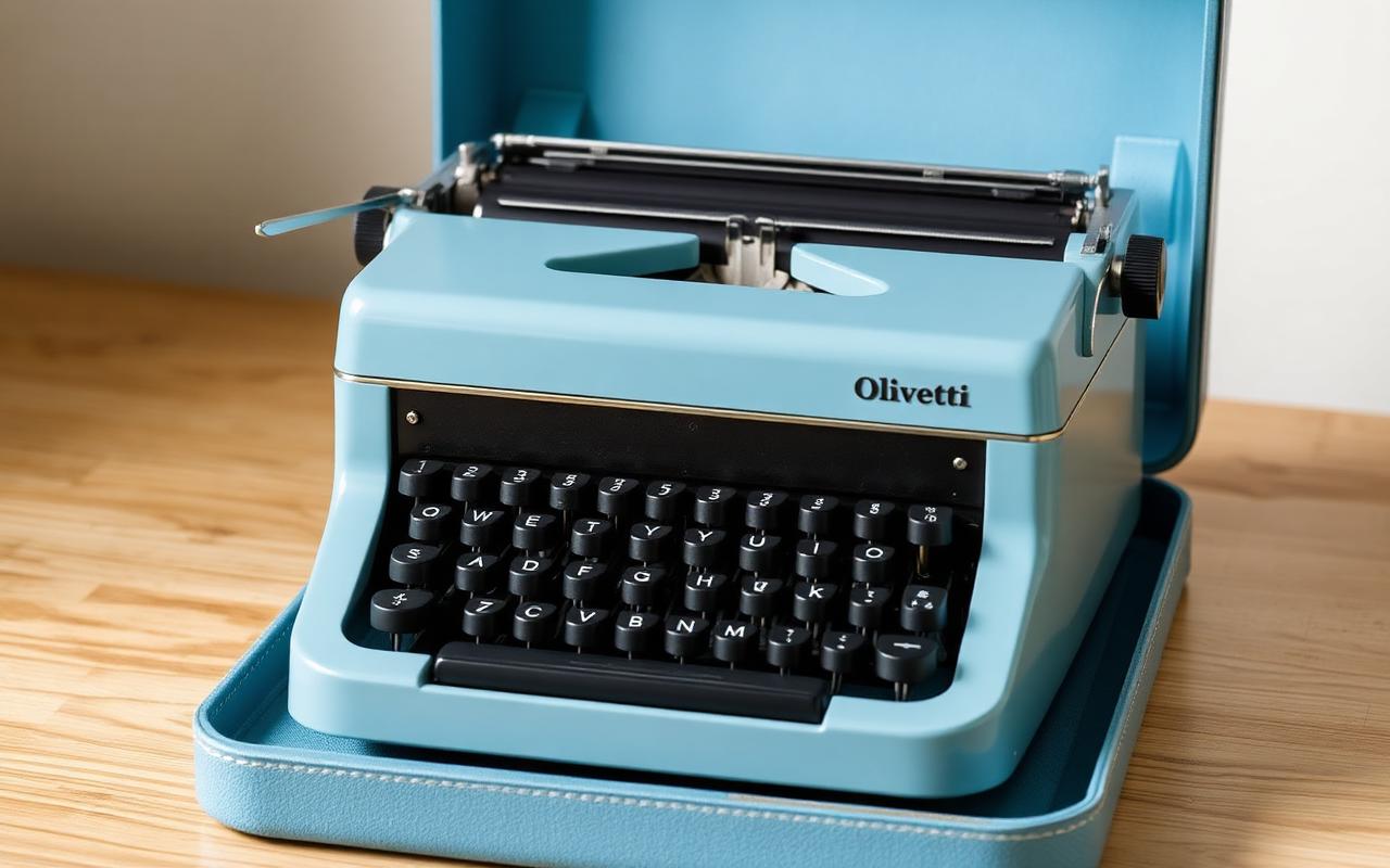 A Robins-egg blue Olivetti Lettera 32 portable typewriter in its case.