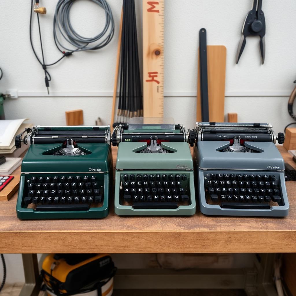 A row of three Olympia SM portable typewriters from different generations on a workshop bench.