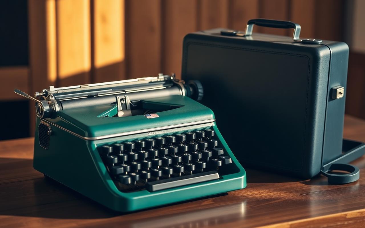A green Olympia SM4 portable typewriter with a case beside it.