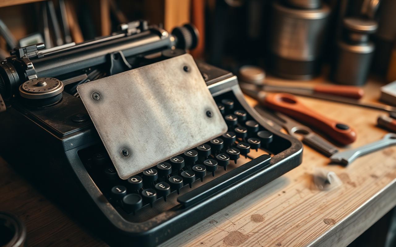 A vintage typewriter platen removed and resting on a workbench.