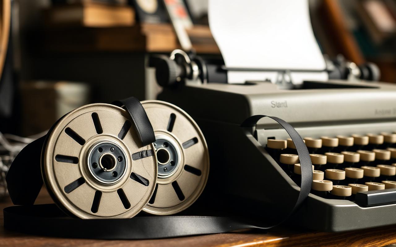 A pair of vintage typewriter ribbon spools next to a portable machine.