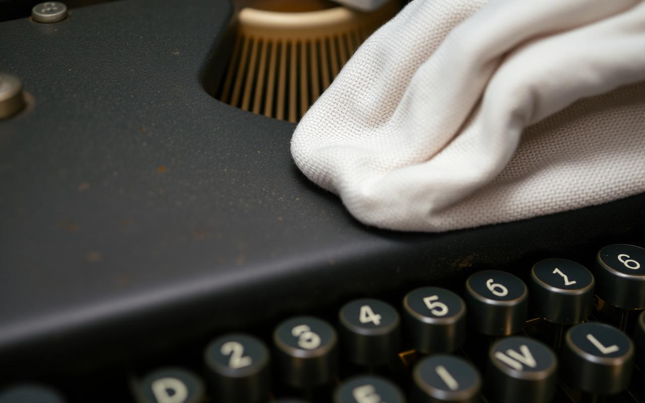 Close-up of a vintage typewriter platen being wiped with a cloth.