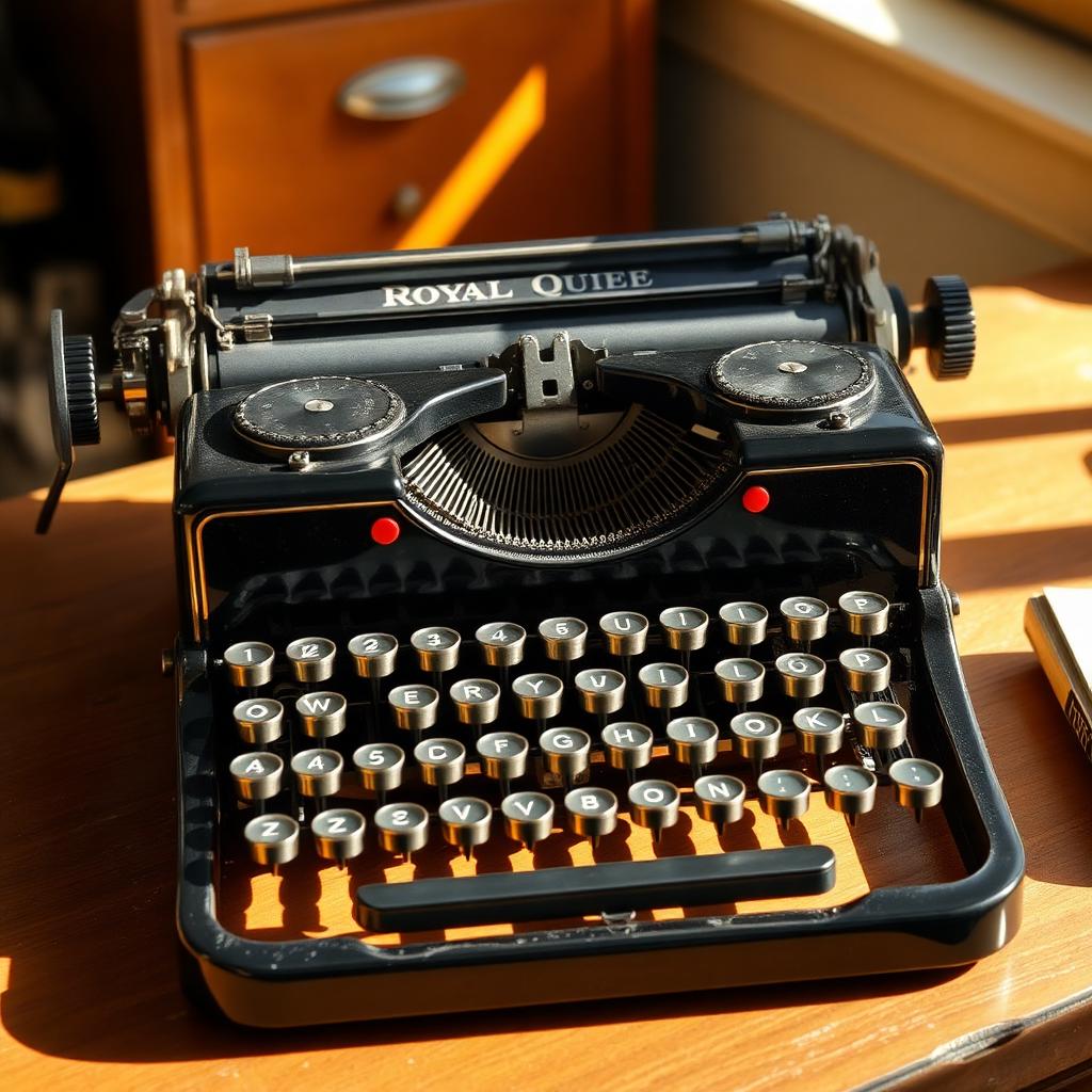 A glossy black Royal Quiet De Luxe portable typewriter with glass-topped keys.
