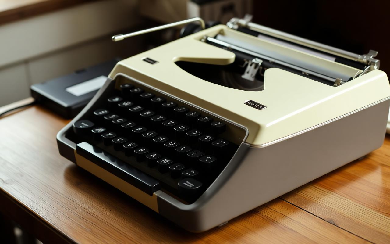 A cream-coloured Royal Quiet De Luxe portable typewriter with black keys.