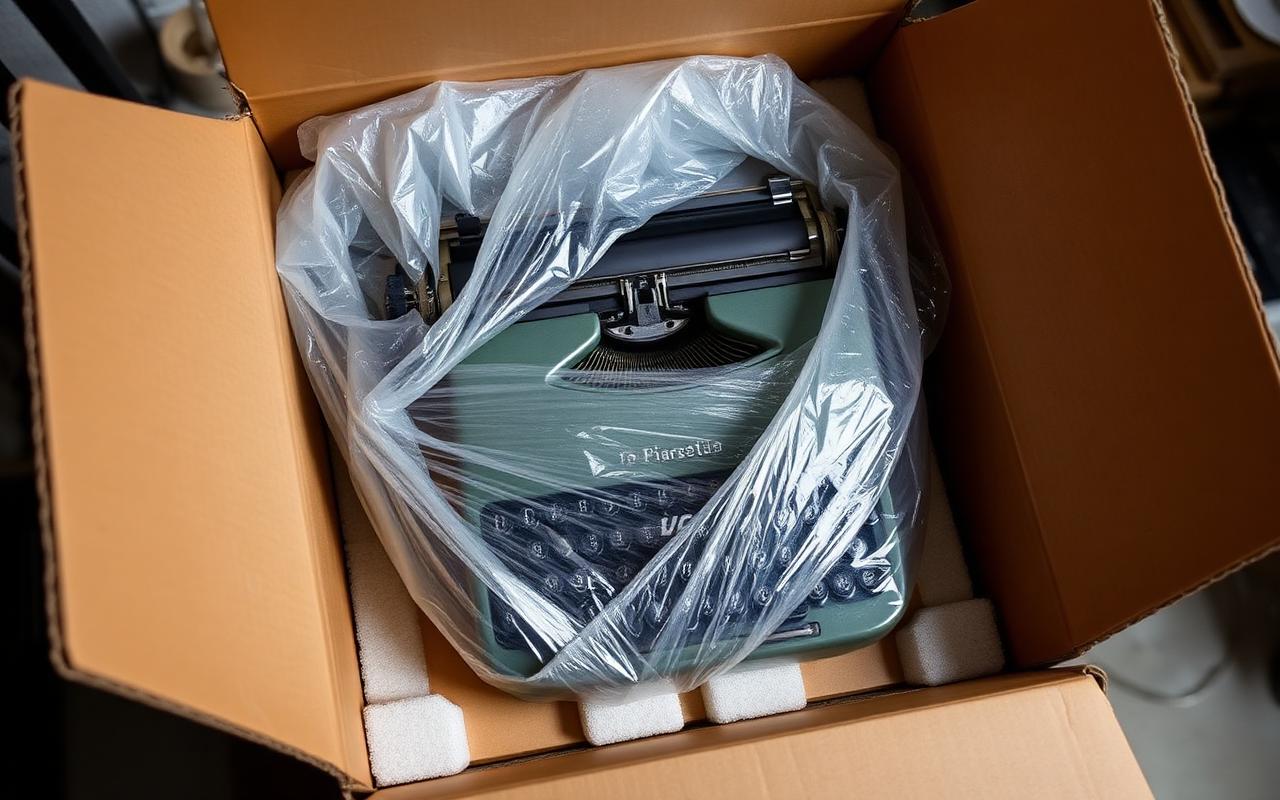 A vintage typewriter being packed in bubble wrap inside a sturdy shipping box.