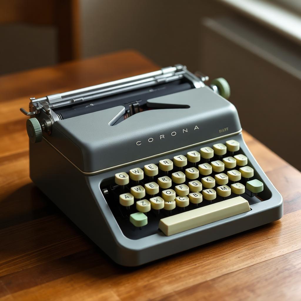 A two-tone grey Smith-Corona Silent-Super portable typewriter with green keys.