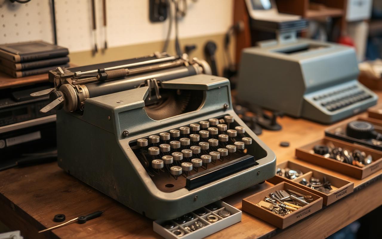 A partially disassembled typewriter with parts organised in trays.