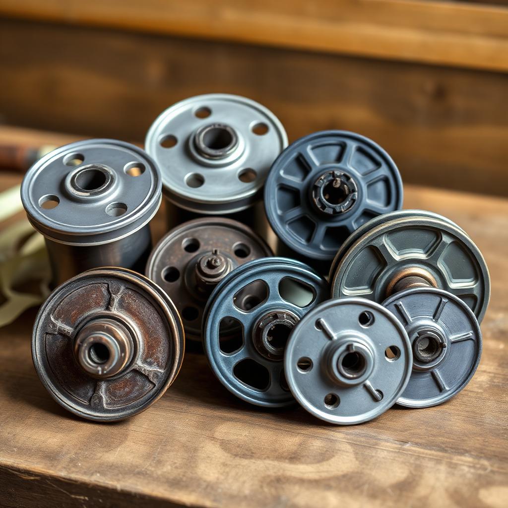 Six different vintage typewriter ribbon spools of varying sizes and hub shapes on a workbench.
