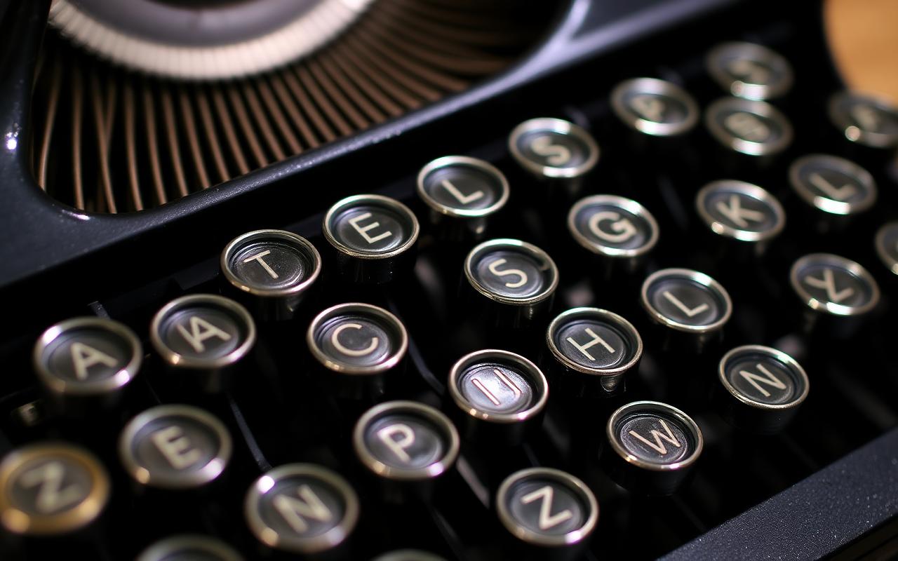 Close-up of vintage glass keys on a black typewriter.