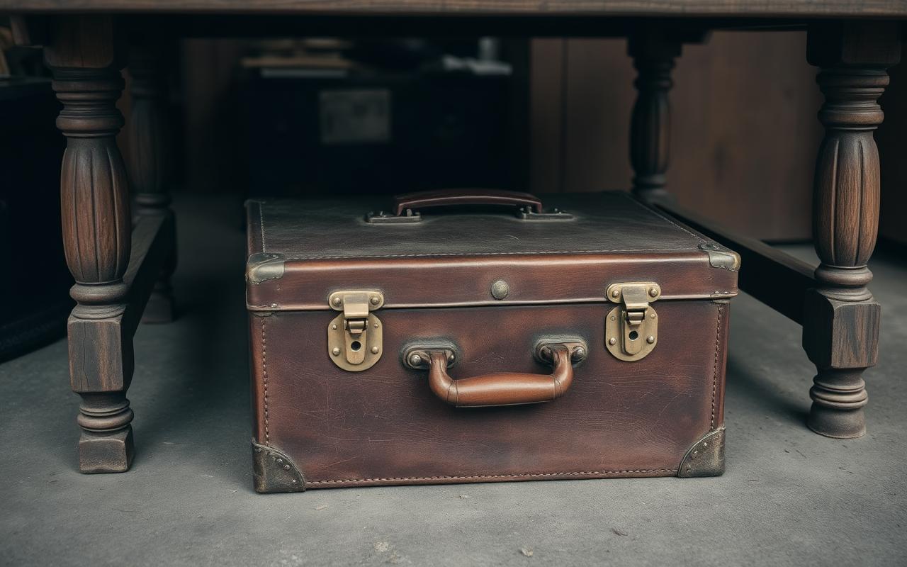 A worn leather typewriter case sitting under a market table.