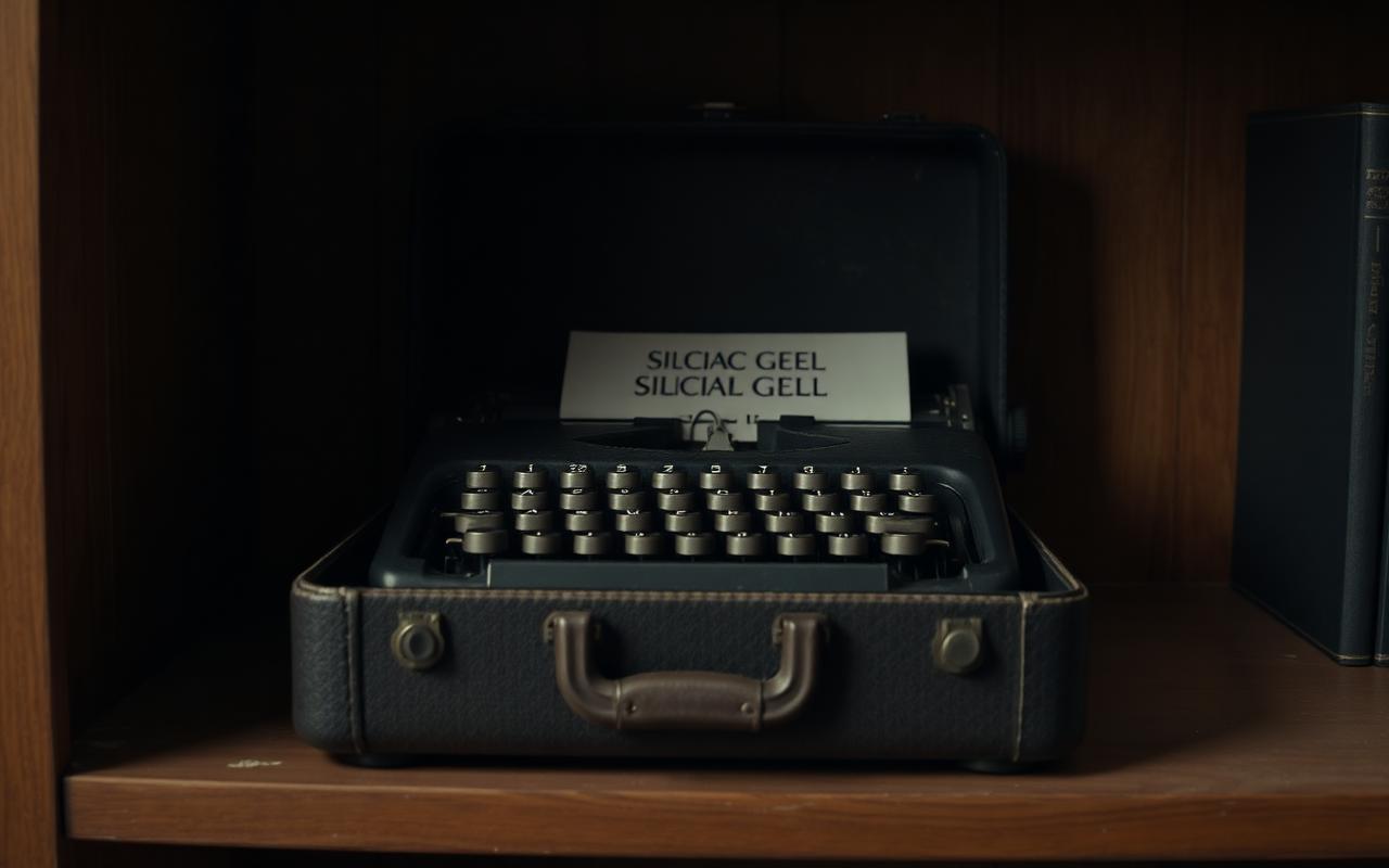 A closed vintage typewriter case on a shelf in an archive.