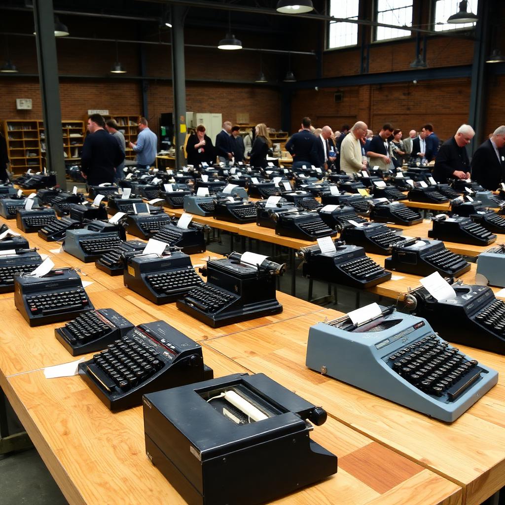 Rows of vintage typewriters displayed on wooden tables at a collector meetup event.