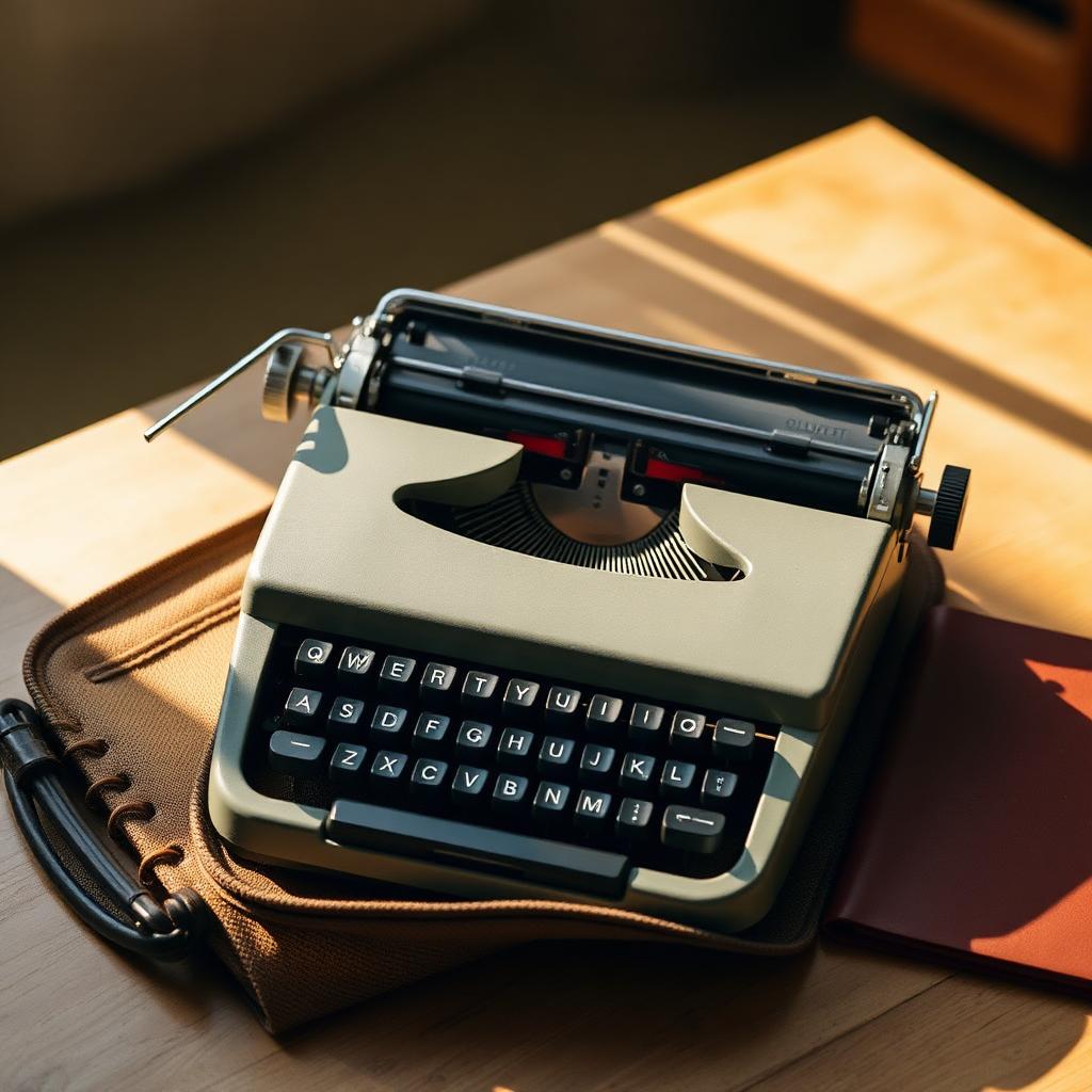 A slim ultra-portable typewriter packed in a fabric carrying case next to a leather notebook.
