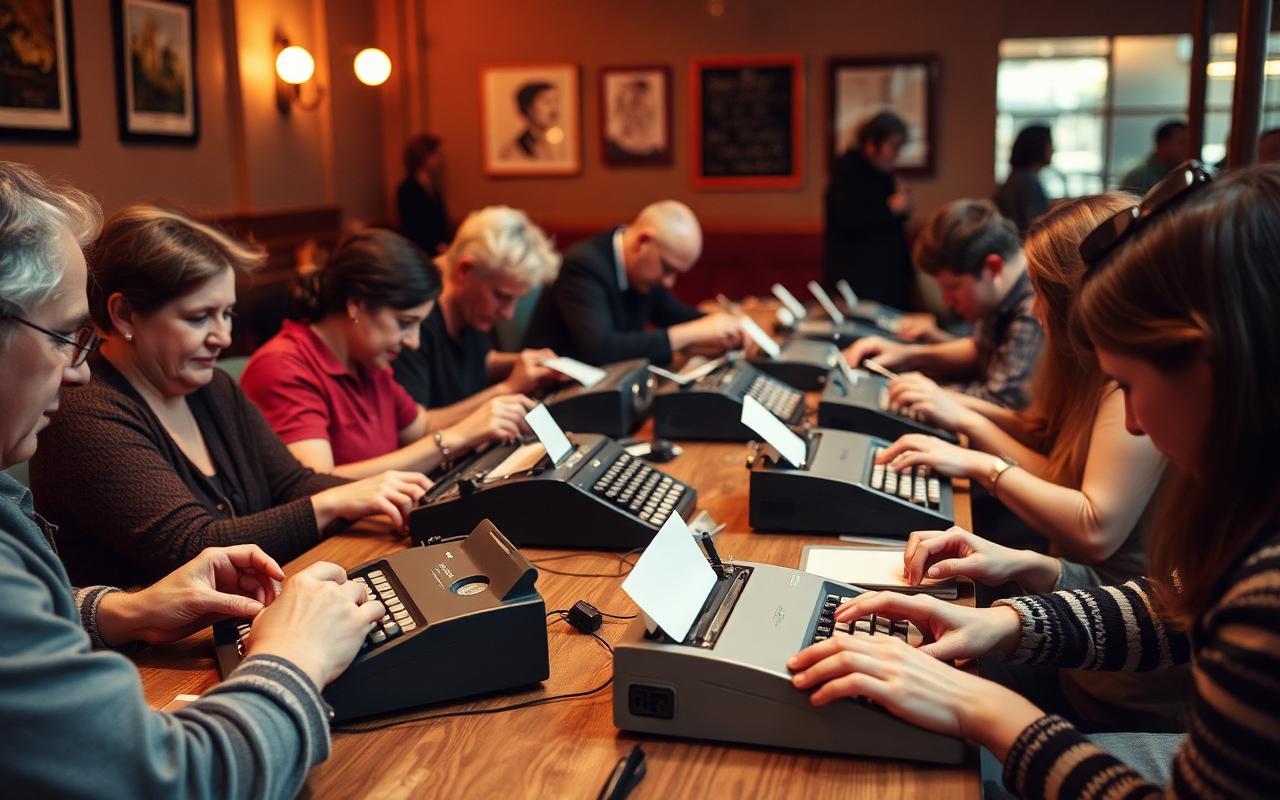 A group of people typing on portable typewriters at a café gathering.
