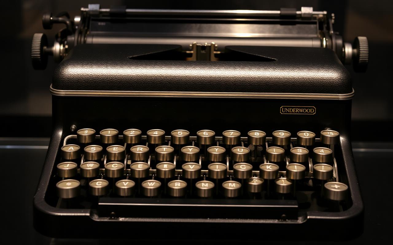 A classic black Underwood No. 5 typewriter with glass keys.