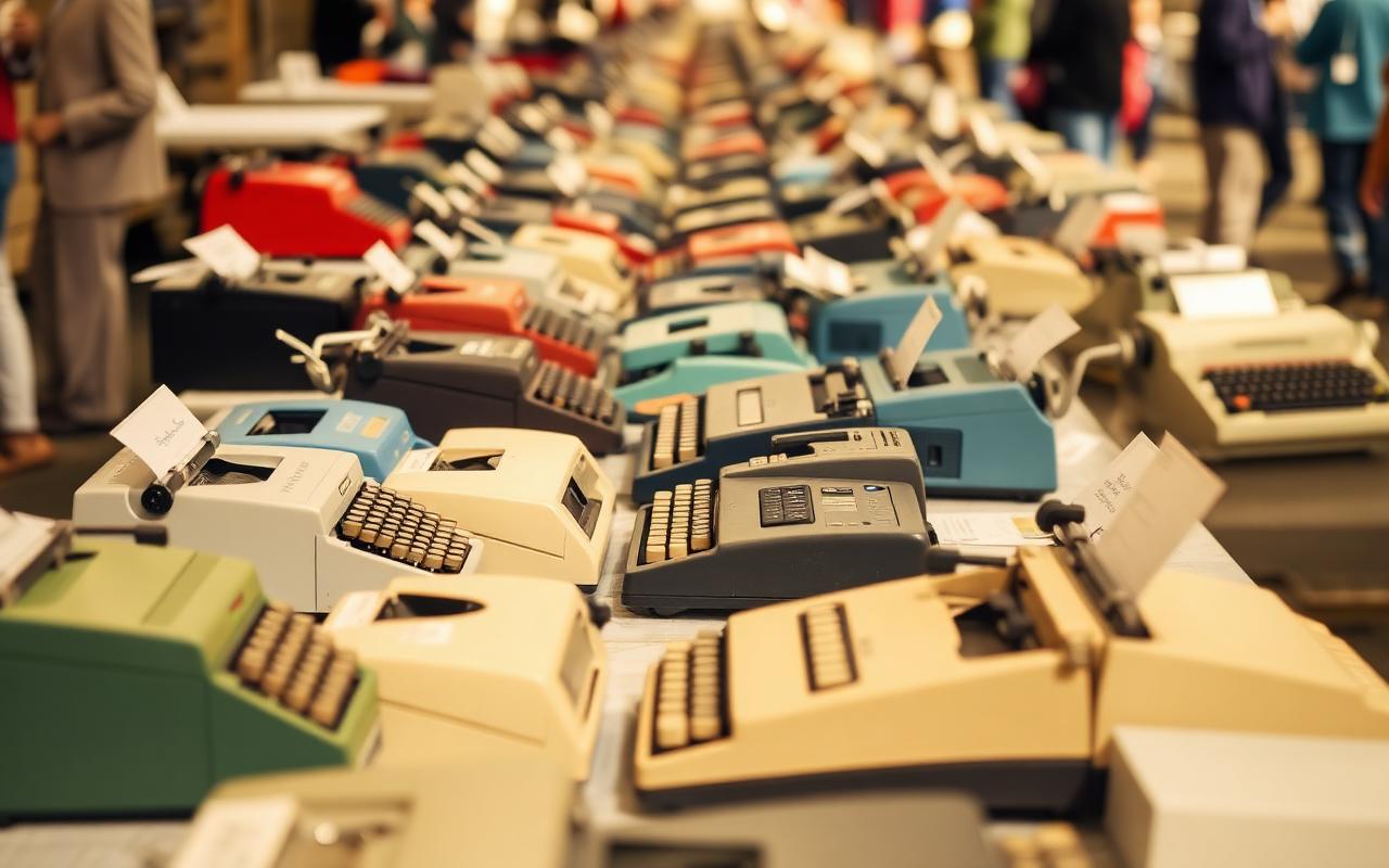 Row of vintage portable typewriters at a collector fair.